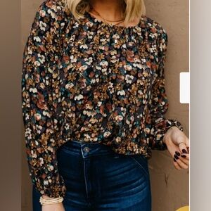 Les Amis Mod Boutique Teal Black Camel Floral Print Women's Top Size Large